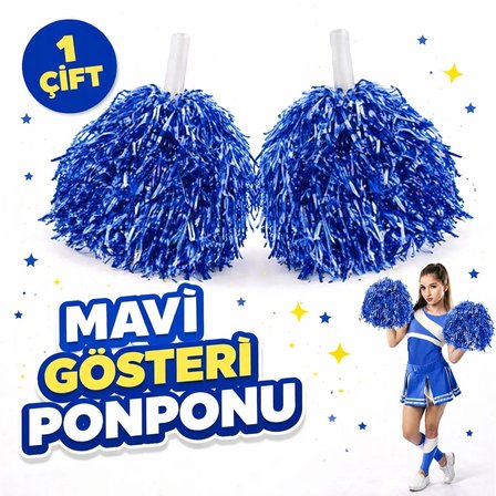 1 Çift ( 2 Adet ) Mavi Renk 23 Nisan 19 Mayıs 29 Ekim Okul Gösteri Ponponları Ekstra Dolgun