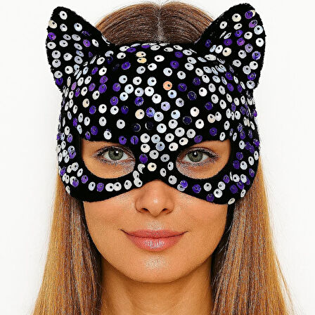 Siyah Kadife Kumaş Üzerine Mor Beyaz Payetli Pullu Parti Maskesi 16x14 Cm