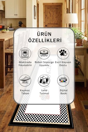 Süslü Kitchen Siyah Mutfak Tezgah Önü Yıkanabilir Dijital Baskılı Halı