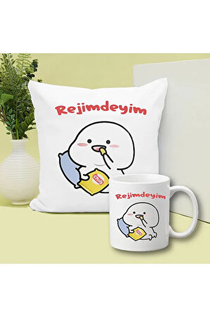 Rejimdeyim Baskılı Kupa ve Yastık Hediyelik Set Arkadaşa Hediye
