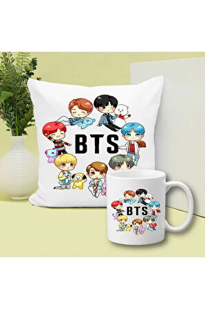 Bts Karakterler Baskılı Kupa ve Yastık Hediyelik Set Arkadaşa Hediye