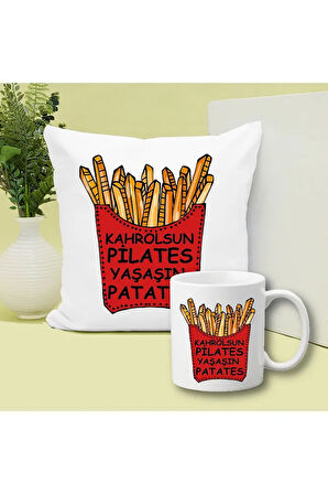 Yaşasın Patates Baskılı Kupa ve Yastık Hediyelik Set Arkadaşa Hediye