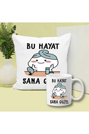 Bu Hayat Sana Güzel Tasarımlı Yastık Ve Kupa Bardak Hediye Seti