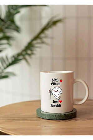 Quby Desen Baskılı Sütü Çilekli Seni Sürekli Yazılı Kişiye Özel Isim Yazılı Seramik Kupa Bardak