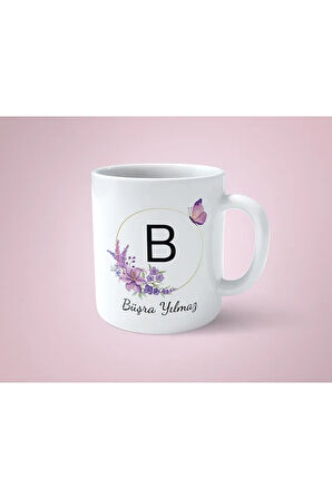 Kişiye Özel B Baş Harfli Isimli Mor Çerçeveli Beyaz Kupa Bardak-1