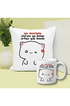 Ya Mucizen Ya Belan Olurum Baskılı Kupa ve Yastık Hediyelik Set Arkadaşa Hediye
