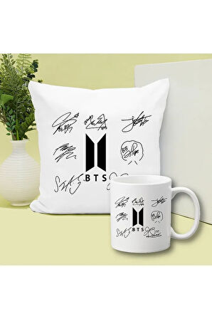 Bts İmza Baskılı Kupa ve Yastık Hediyelik Set Arkadaşa Hediye
