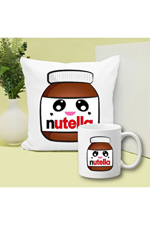 Nutella Kavanoz Baskılı Kupa ve Yastık Hediyelik Set Arkadaşa Hediye