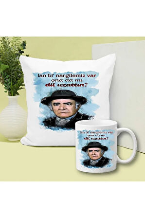 Yeşilçam Nargilemiz Var Baskılı Kupa ve Yastık Hediyelik Set Arkadaşa Hediye