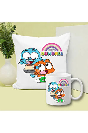 Gumball Darwin Baskılı Kupa ve Yastık Hediyelik Set Arkadaşa Hediye
