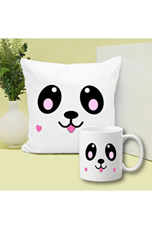 Ponçik Panda Baskılı Kupa ve Yastık Hediyelik Set Arkadaşa Hediye