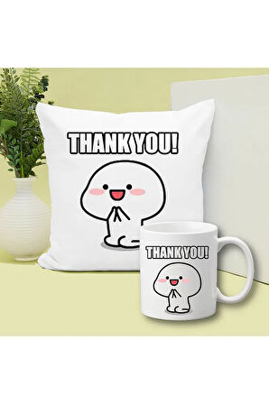 Thank You Baskılı Kupa ve Yastık Hediyelik Set Arkadaşa Hediye