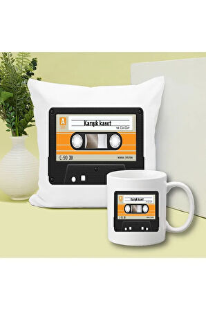Karışık Kaset Baskılı Kupa ve Yastık Hediyelik Set Arkadaşa Hediye