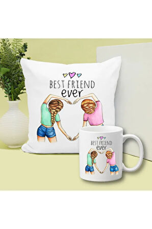 Best Friends Ever Sister Baskılı Kupa ve Yastık Hediyelik Set Arkadaşa Hediye