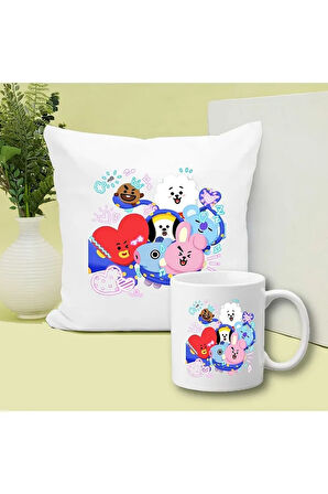 BTS Baskılı Kupa ve Yastık Hediyelik Set Arkadaşa Hediye