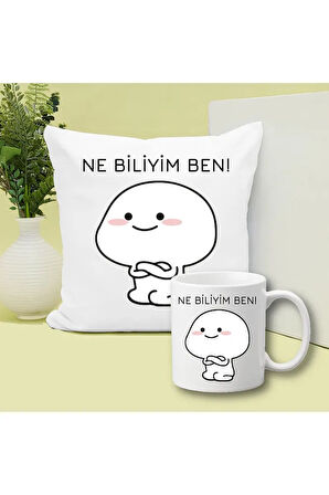Ne Bileyim Ben Baskılı Kupa ve Yastık Hediyelik Set Arkadaşa Hediye