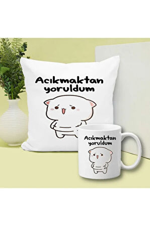 Acıkmaktan Yoruldum Baskılı Kupa ve Yastık Hediyelik Set Arkadaşa Hediye
