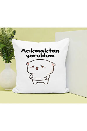 Acıkmaktan Yoruldum Baskılı Kupa ve Yastık Hediyelik Set Arkadaşa Hediye