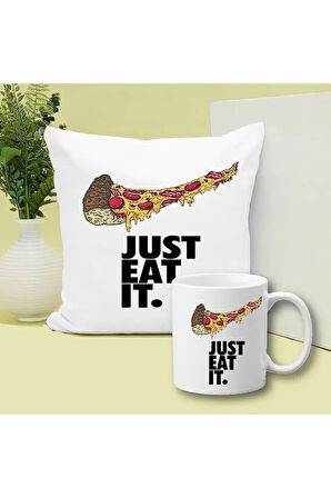 Eat It Pizza Baskılı Kupa ve Yastık Hediyelik Set Arkadaşa Hediye