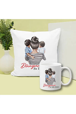 Dünyanın En Tatlı Annesi Baskılı Kupa ve Yastık Hediyelik Set Anneye Hediye
