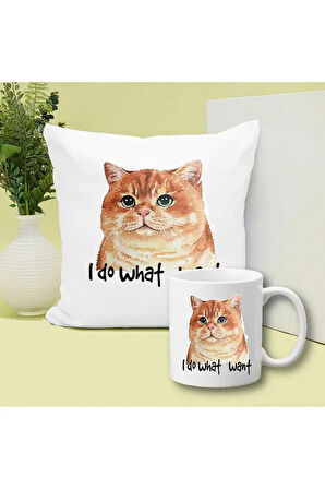 I Do What Want Cat Baskılı Kupa ve Yastık Hediyelik Set Arkadaşa Hediye