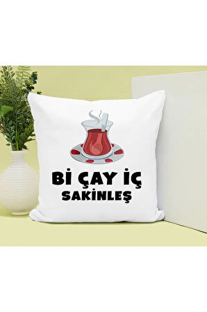 Çay İç Sakinleş Baskılı Kupa ve Yastık Hediyelik Set Arkadaşa Hediye