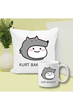 Kurt Bakışlım Baskılı Kupa ve Yastık Hediyelik Set Arkadaşa Hediye