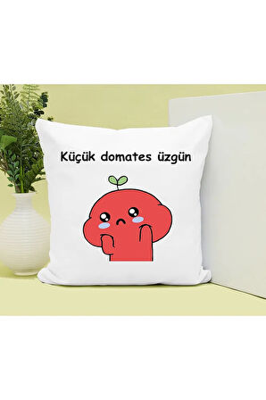 Küçük Domates Üzgün Baskılı Kupa ve Yastık Hediyelik Set Arkadaşa Hediye