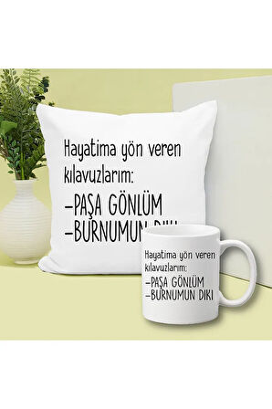 Paşa Gönlüm Ve Burnumun Diki Baskılı Kupa ve Yastık Hediyelik Set Arkadaşa Hediye