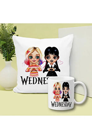 Wednesday Addams Baskılı Kupa ve Yastık Hediyelik Set Arkadaşa Hediye