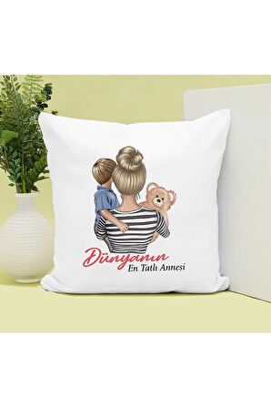 Dünyanın En Tatlı Annesi Baskılı Kupa ve Yastık Hediyelik Set Anneye Hediye