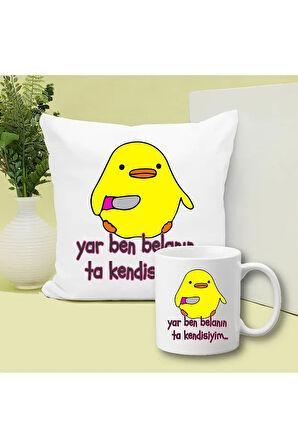 Belalı Civciv Baskılı Kupa ve Yastık Hediyelik Set Arkadaşa Hediye