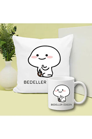 Bedeller Ödedik Baskılı Kupa ve Yastık Hediyelik Set Arkadaşa Hediye