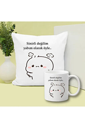 Sinirli Değilim Yabım Böyle Baskılı Kupa ve Yastık Hediyelik Set Arkadaşa Hediye