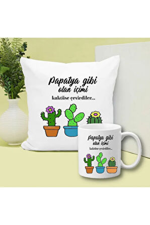 İçimi Kaktüse Çevirdiler Baskılı Kupa ve Yastık Hediyelik Set Arkadaşa Hediye
