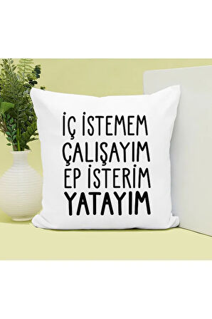 Hep İsterim Yatayım Baskılı Kupa ve Yastık Hediyelik Set Arkadaşa Hediye