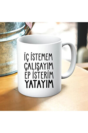 Hep İsterim Yatayım Baskılı Kupa ve Yastık Hediyelik Set Arkadaşa Hediye