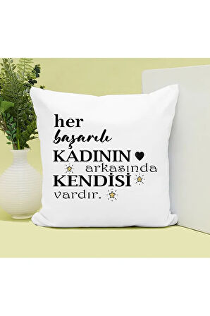 Başarılı Kadının Arkasında Kendisi Baskılı Kupa ve Yastık Hediyelik Set Arkadaşa Hediye