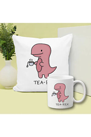 Tea Dinazor Tea Rex Baskılı Kupa ve Yastık Hediyelik Set Arkadaşa Hediye