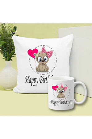 Happy Birthday Ponçik Doğum Günü Baskılı Kupa ve Yastık Hediyelik Set Arkadaşa Hediye
