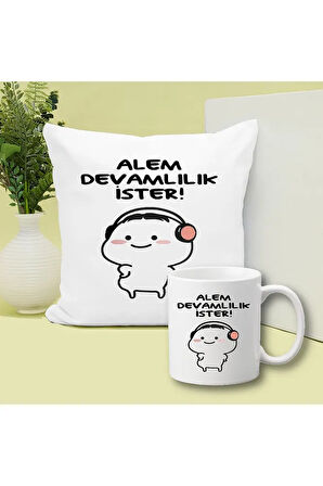 Alem Devamlılık İster Baskılı Kupa ve Yastık Hediyelik Set Arkadaşa Hediye