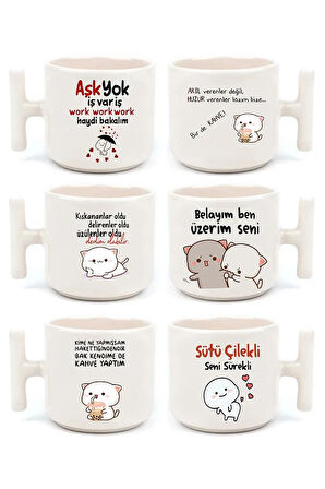 Duble Türk Kahvesi Fincanı & Espresso Komik Mochi Cat Motto 6'lı El Yapımı T Kulplu Fincan