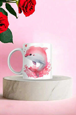 Hediyemi Pembe Yunus Balığı Baskılı Sevimli Hediyelik Kupa Bardak