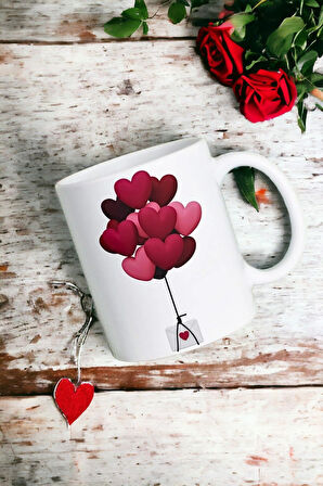 Hediyemi Uçan Kalpler Baskılı Kupa Bardak Porselen Çay Kahve Fincanı Hediye