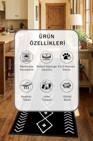 İskandinav Syh Byz Siyah Mutfak Tezgah Önü Yıkanabilir Dijital Baskılı Halı