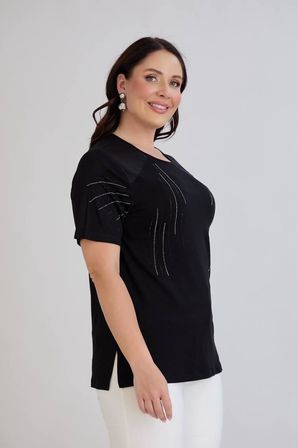 Wearon Kadın Alya Omzu Deri Kombinli Taşlı Penye Siyah Tişört