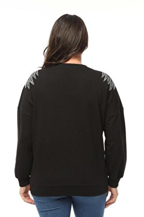 Omuzları Kanat Taş Baskılı Sweatshirt