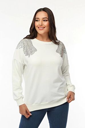 Omuzları Kanat Taş Baskılı Sweatshirt