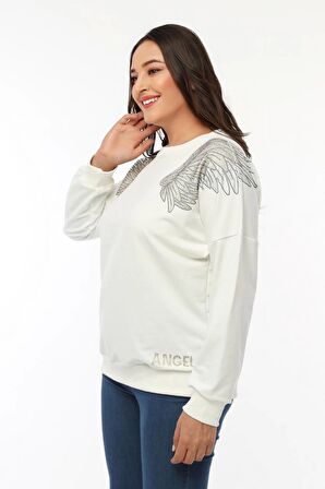 Omuzları Kanat Taş Baskılı Sweatshirt