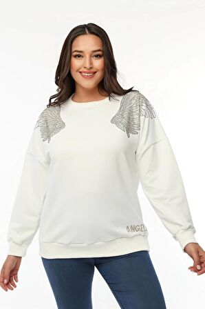 Omuzları Kanat Taş Baskılı Sweatshirt